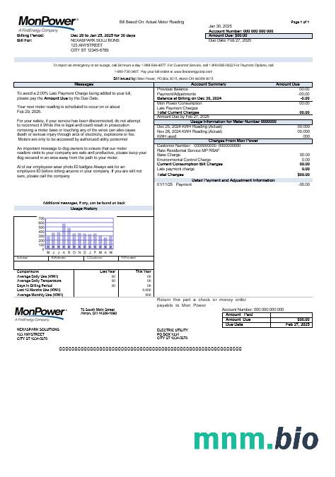 USA Mon Power rachunek za usługi komunalne szablon w formacie Word i PDF